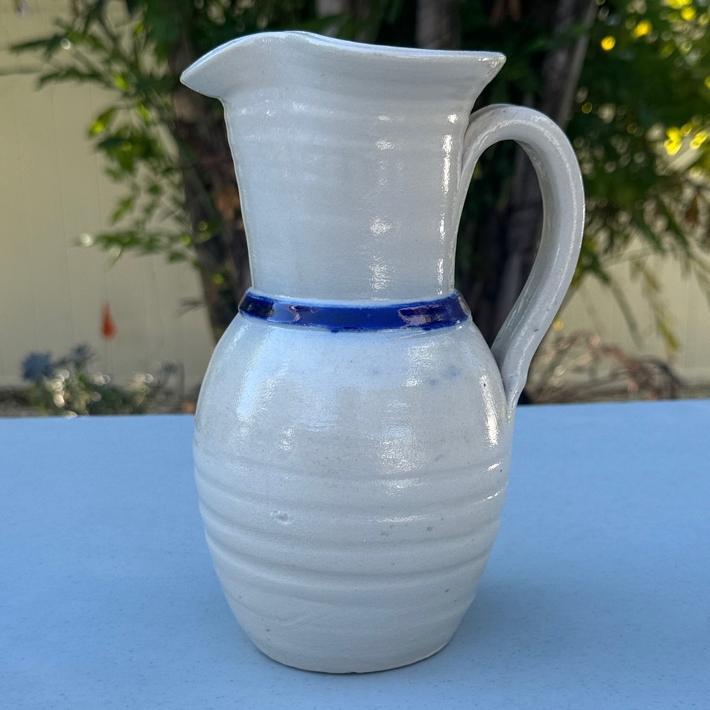 Williamsburg Pottery White Ceramic Pitcher with Blue Floral Leaf Accents, Signed - Picture 3 of 5